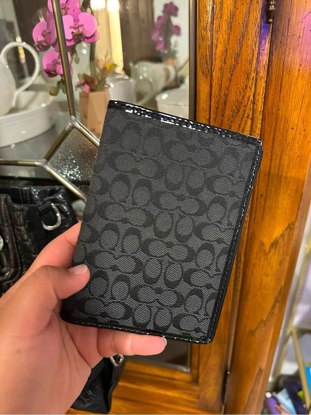 Coach Black Signature Pattern Passport Holder